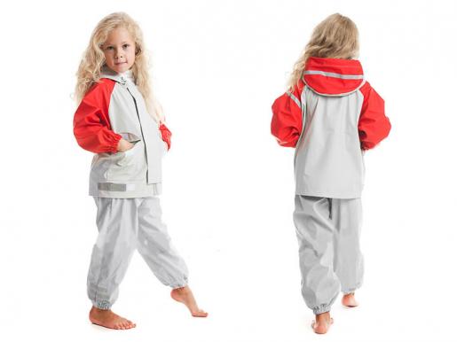 Непромокаемый детский двухцветный костюм - дождевик без подкладки.  Цвет - серый с красным - Фабрика детской одежды Времена года