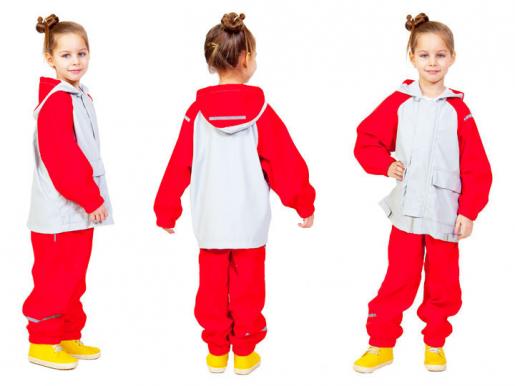 Непромокаемый детский двухцветный костюм - дождевик без подкладки.  Цвет - красный с серым - Фабрика детской одежды Времена года