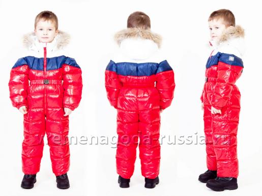 Зимний детский комбинезон на пуху "ЗИМА полоса" красный - Фабрика детской одежды Времена года