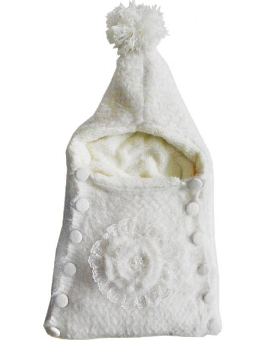 Конверт вязаный на пуговицах "Цветок" полушерстяной с подкладкой велсофт экрю 0-3 6122 - Производитель детской одежды Папитто
