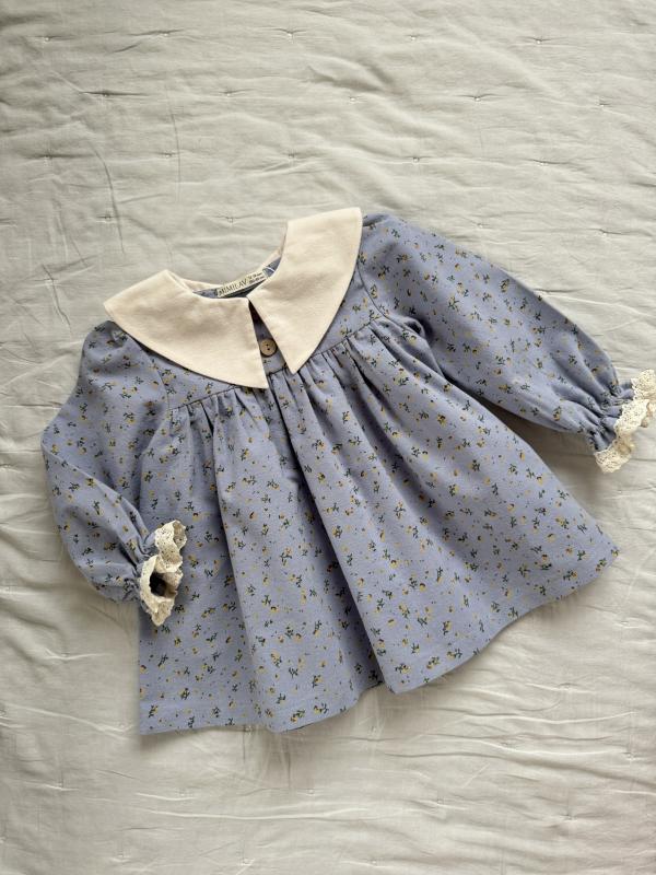 Платье с воротником в цветочек, Голубой