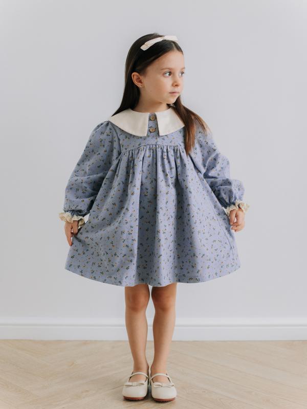 Платье с воротником в цветочек, Голубой