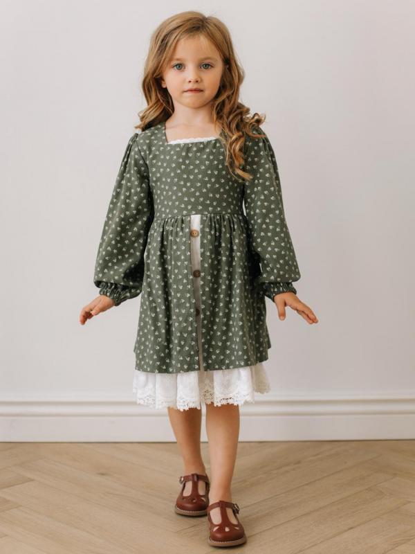 Платье с рюшами в цветочек, Зеленый